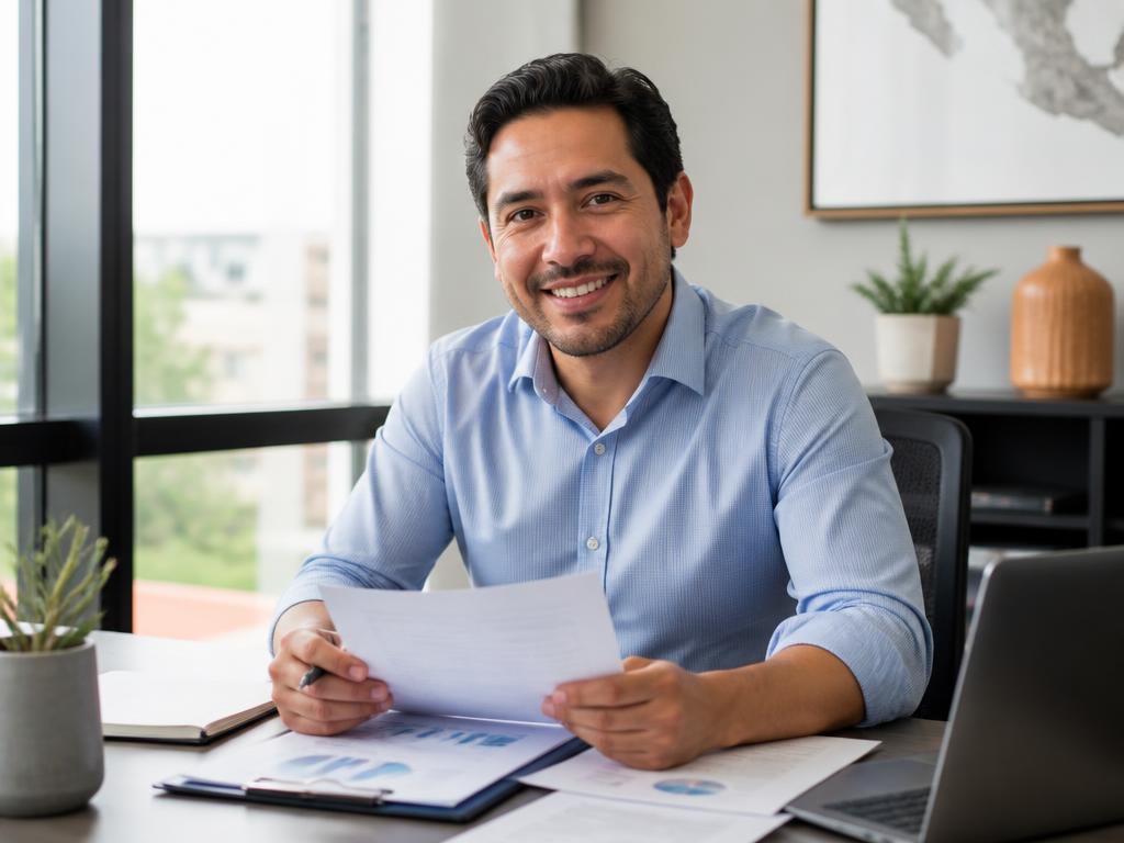Asesor financiero explicando opciones de crédito a un comerciante